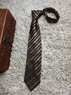 FRANCESCO BORGIA Gold Navy Blue Striped Microfiber Necktie