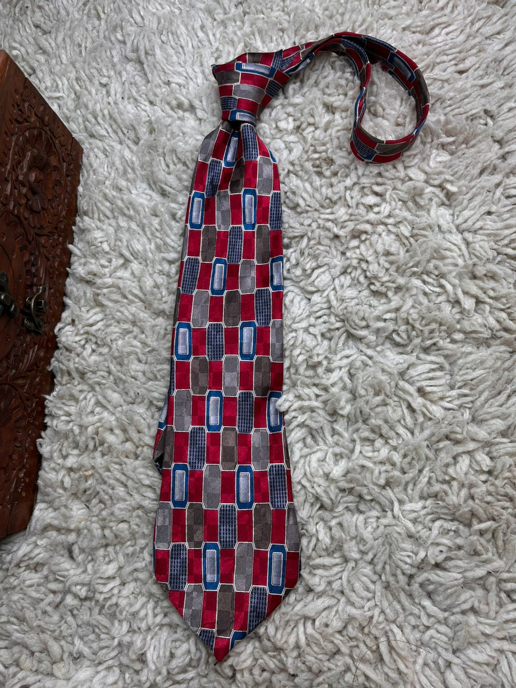 SANTAVELLI Red Grey Blue Geometric Silk tie