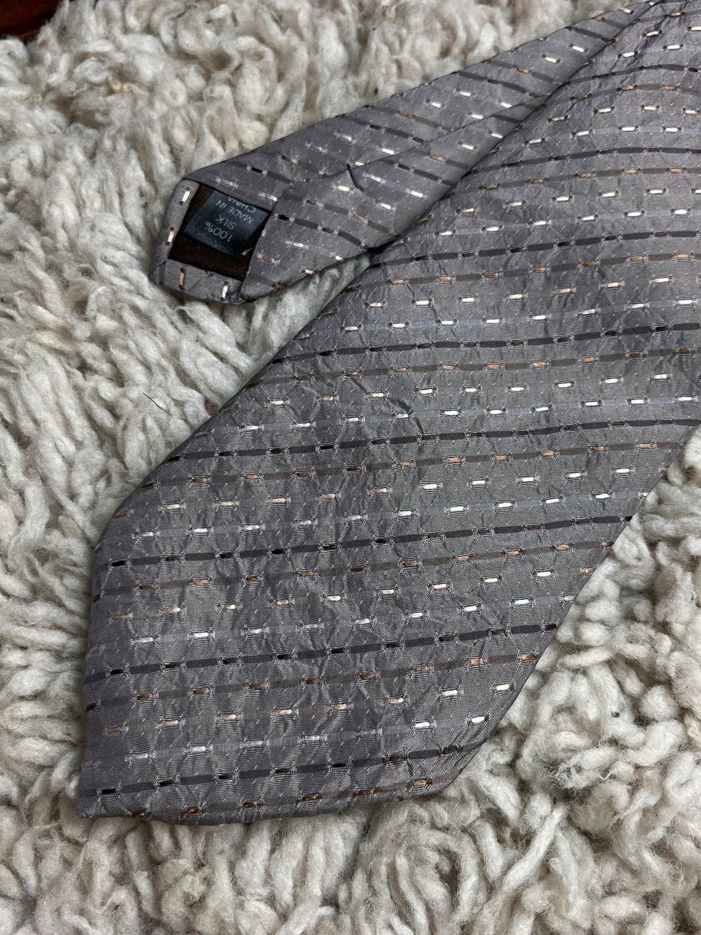 THOMAS NASH Grey Taupe Textured Striped Silk tie