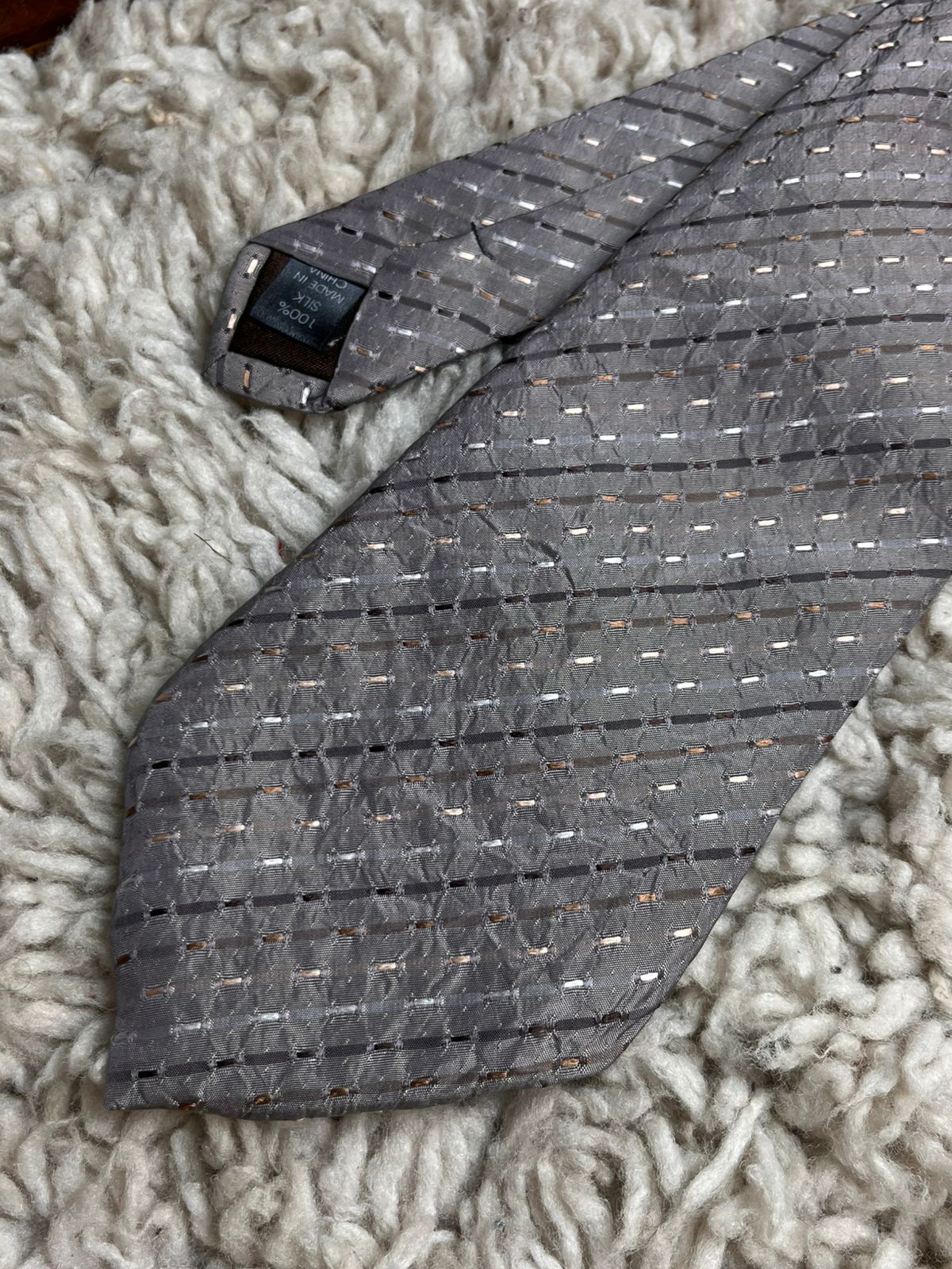 THOMAS NASH Grey Taupe Textured Striped Silk tie
