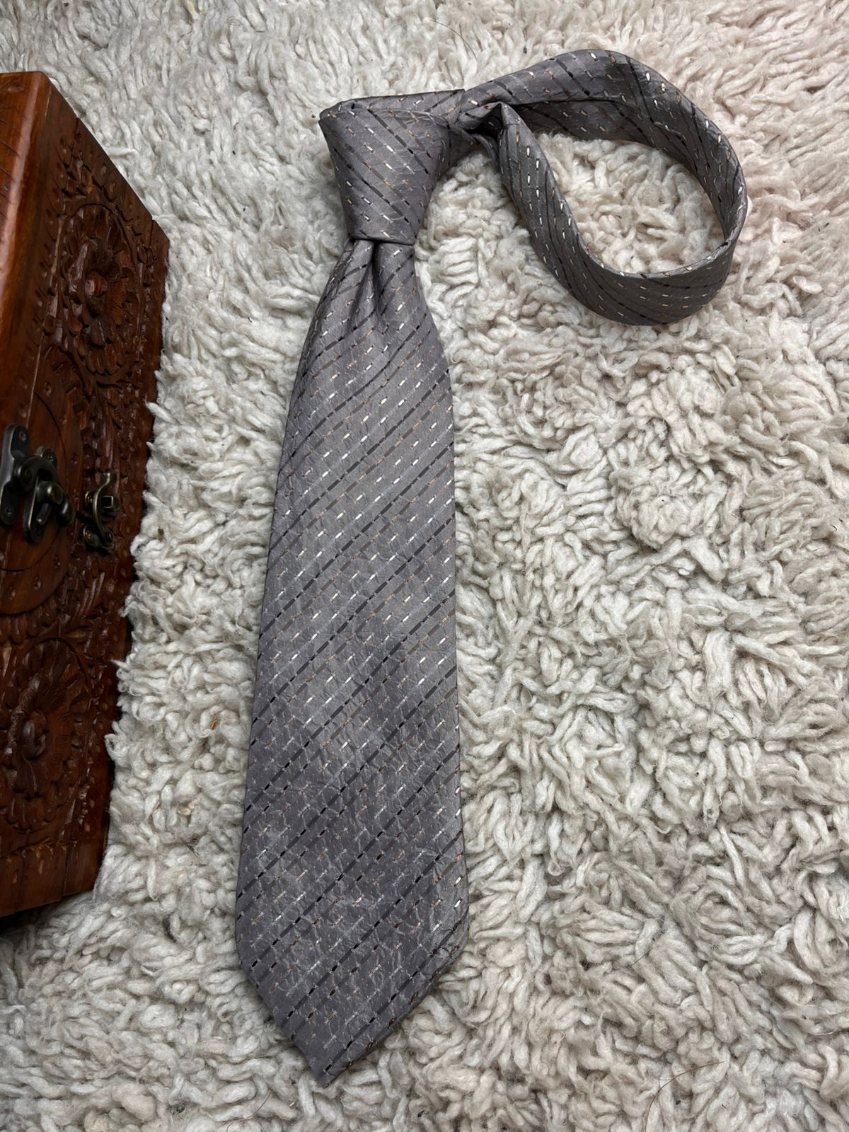 THOMAS NASH Grey Taupe Textured Striped Silk tie
