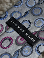 Thomas Nash Geometric Concentric Circles Silver Blue Pink Silk Tie