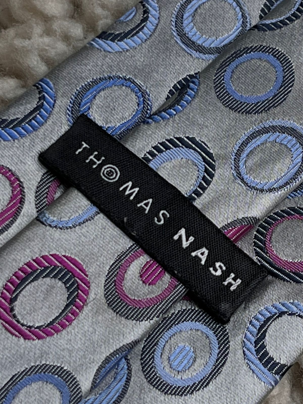 Thomas Nash Geometric Concentric Circles Silver Blue Pink Silk Tie