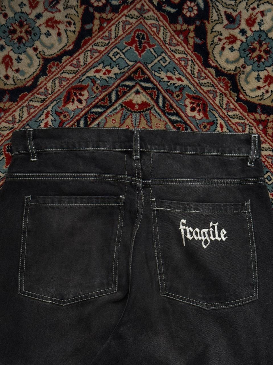 HOUSE Fragile Embroidered Black Denim Cargos - 32