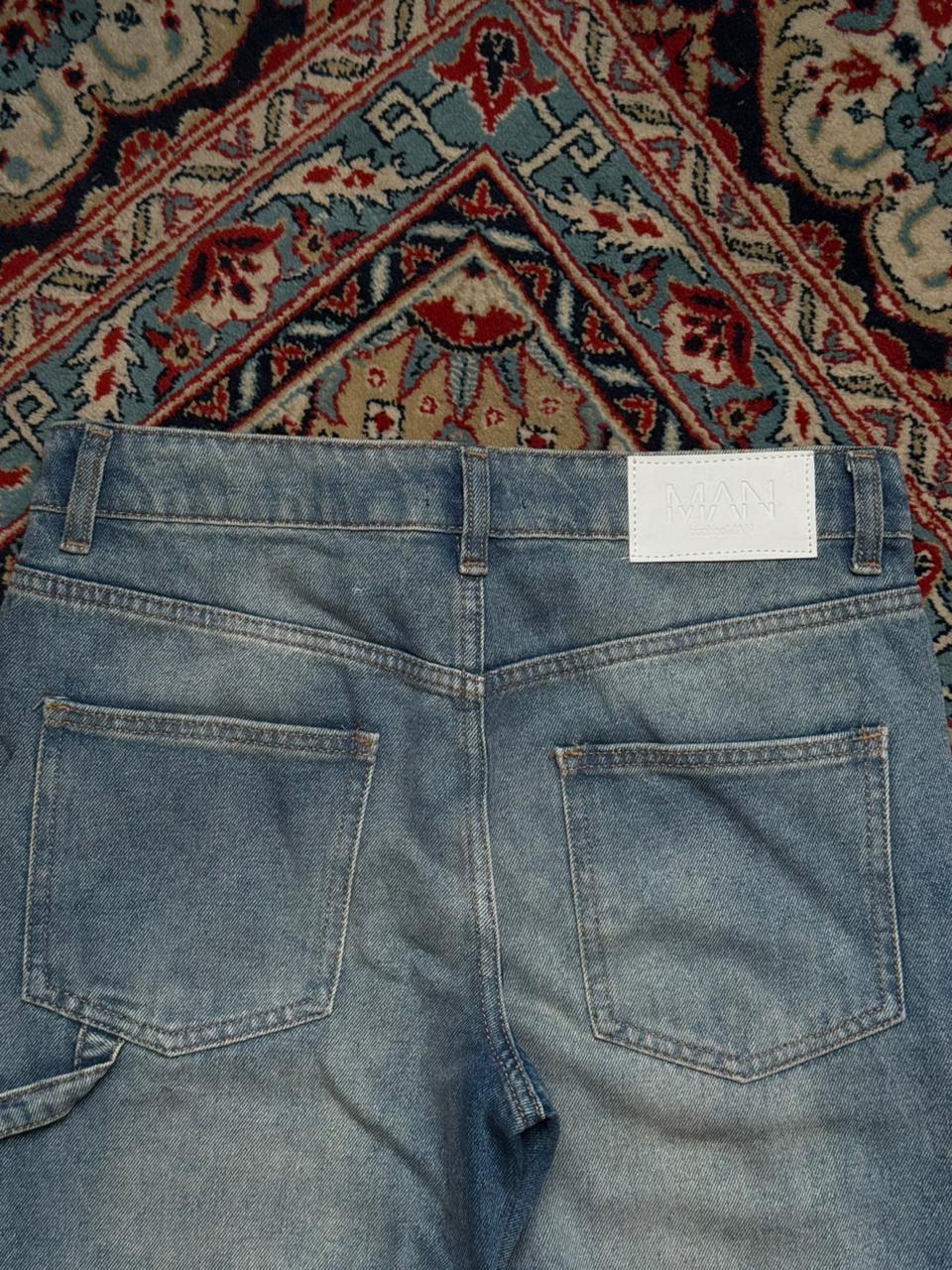 BoohooMAN Carpenter Light Blue Washed Bootcut Jeans - 30