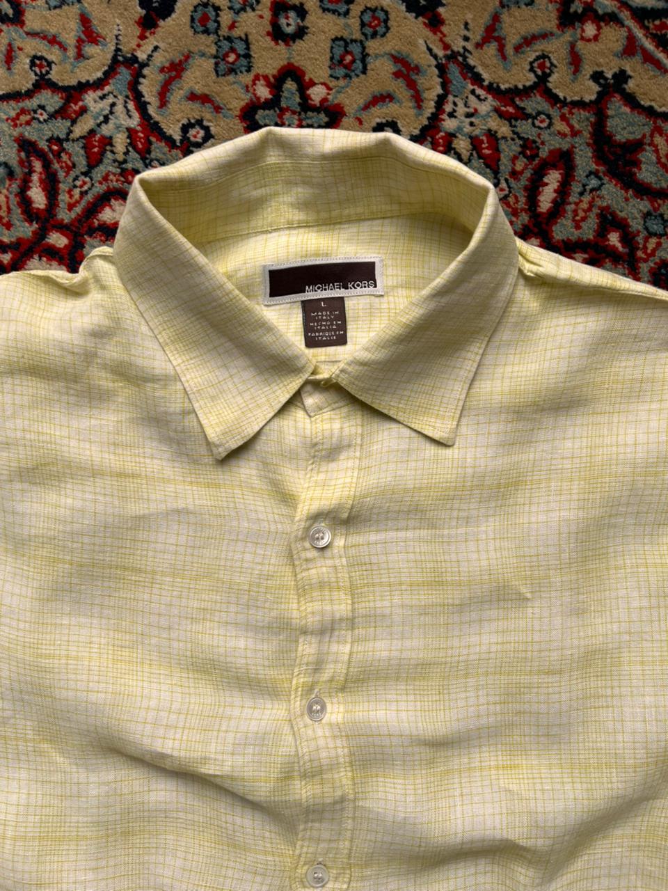 Michael Kors Linen Yellow Grid Button Down Shirt - XL
