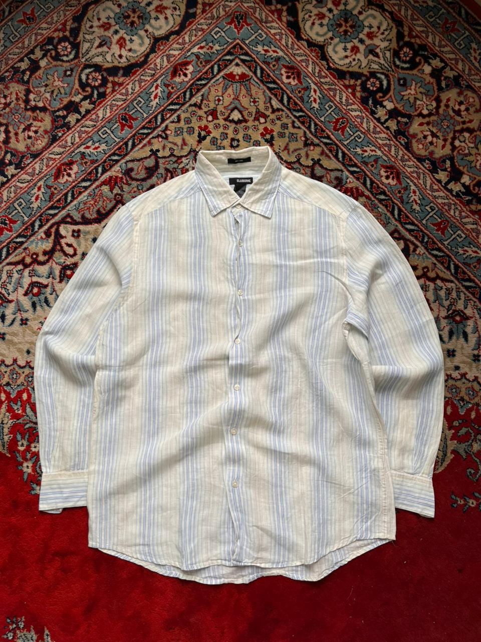 CLAIBORNE Linen Striped Button Down Shirt - L