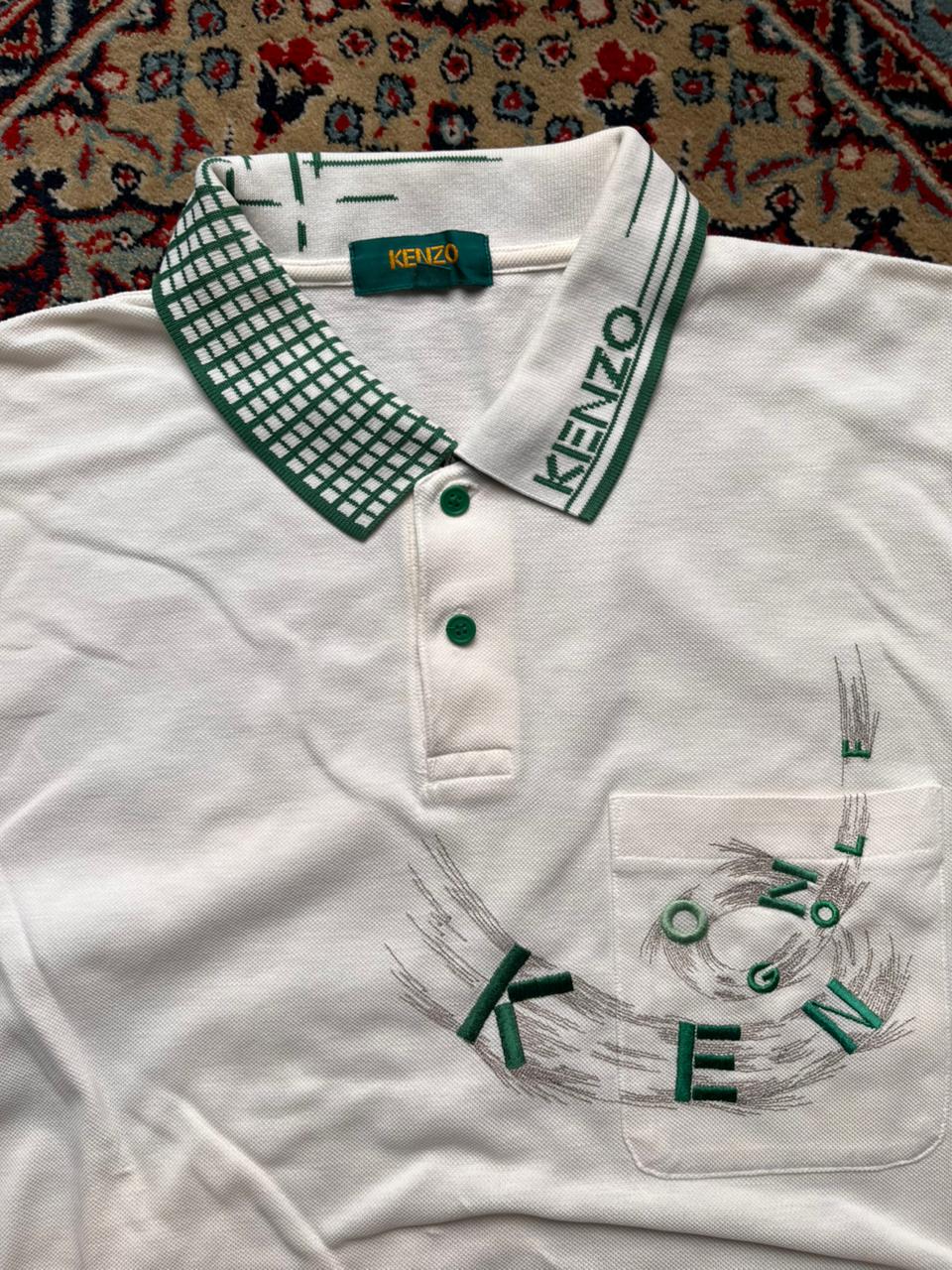 KENZO GOLF VINTAGE EMBROIDERED LOGO WHITE PIQUE POLO TEE - L