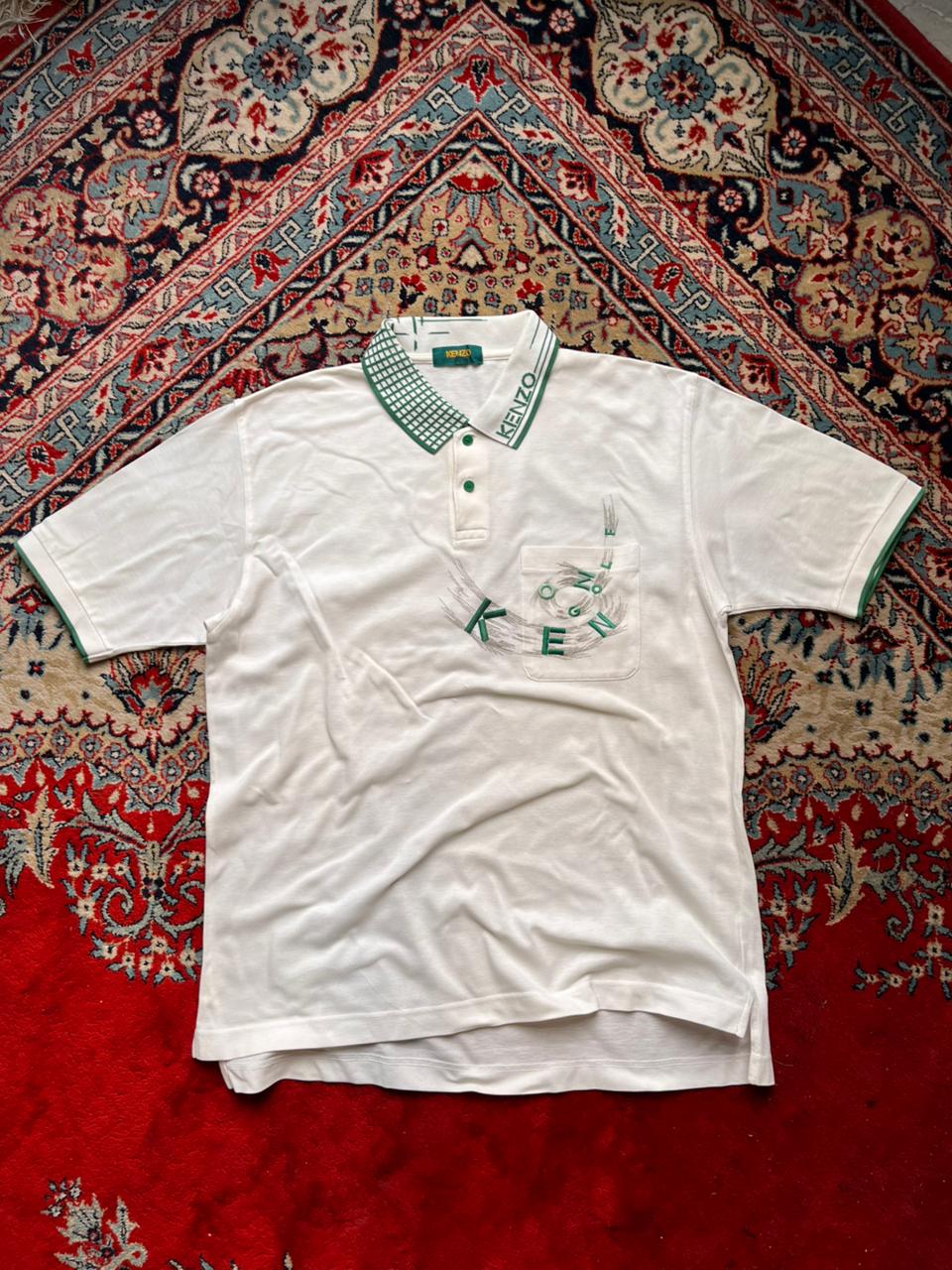 KENZO GOLF VINTAGE EMBROIDERED LOGO WHITE PIQUE POLO TEE - L