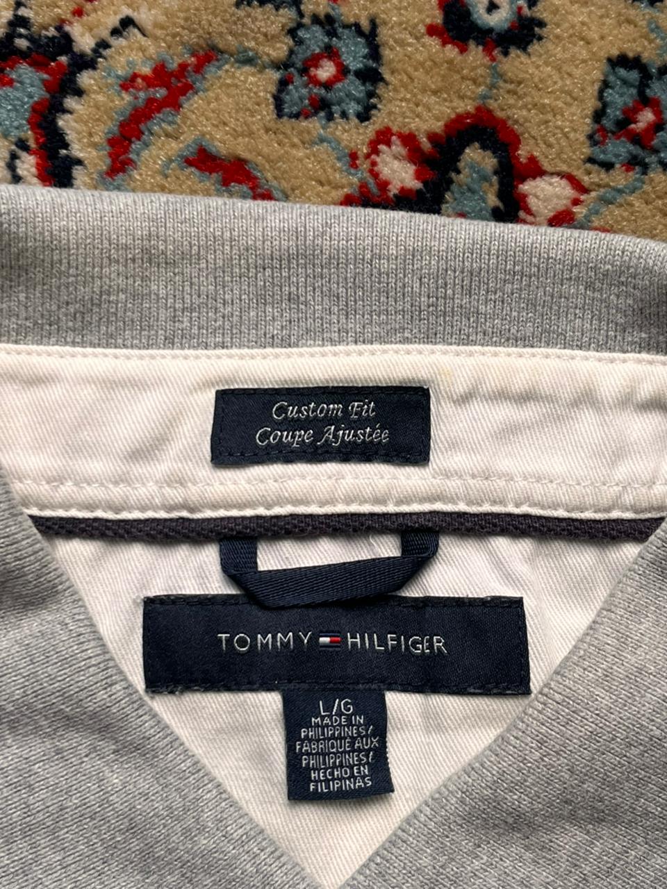 TOMMY HILFIGER CUSTOM FIT BIG LOGO CREST GREY PIQUE POLO TEE - L