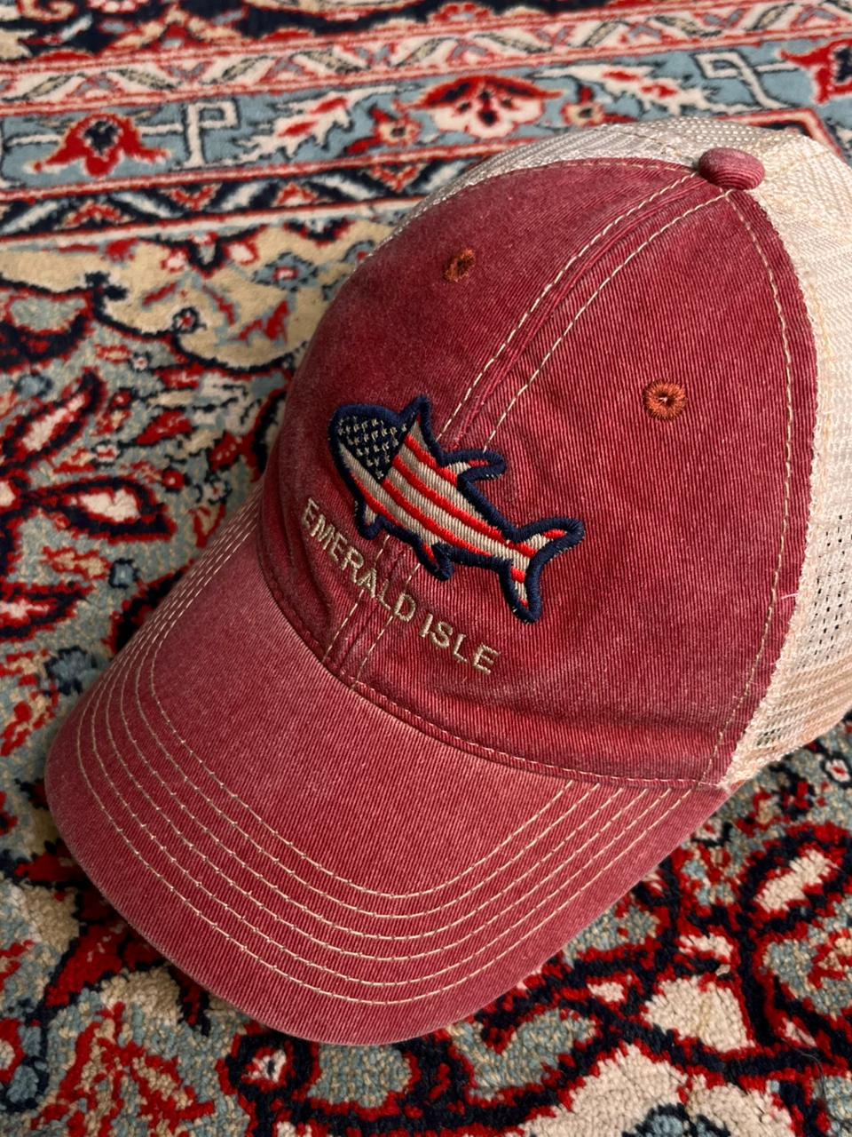 VINTAGE LEGACY EMERALD ISLE RED WASHED COTTON TRUCKER MESH CAP