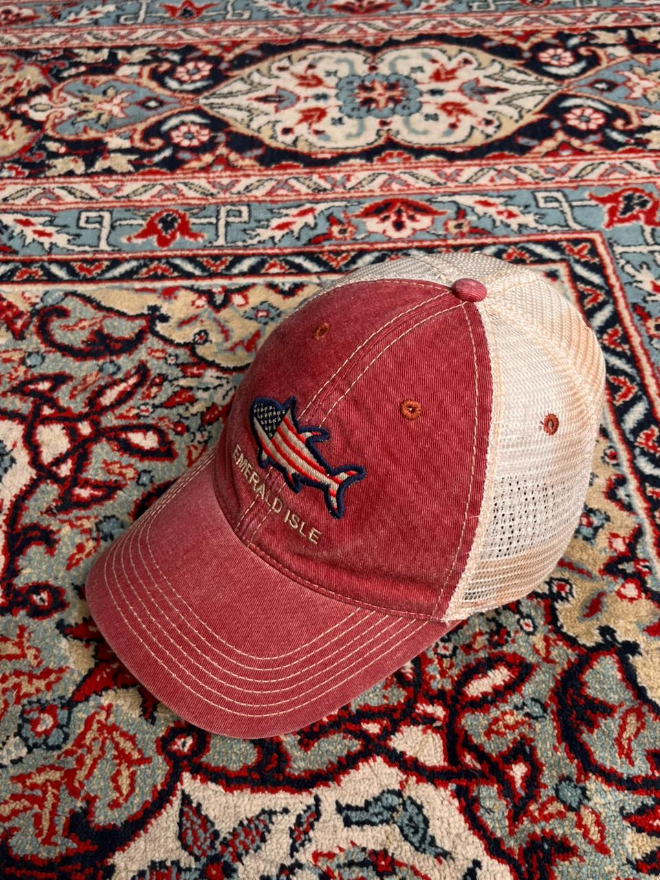 VINTAGE LEGACY EMERALD ISLE RED WASHED COTTON TRUCKER MESH CAP