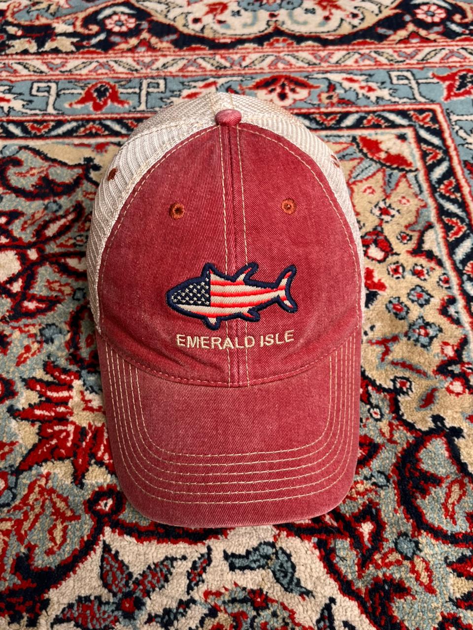 VINTAGE LEGACY EMERALD ISLE RED WASHED COTTON TRUCKER MESH CAP