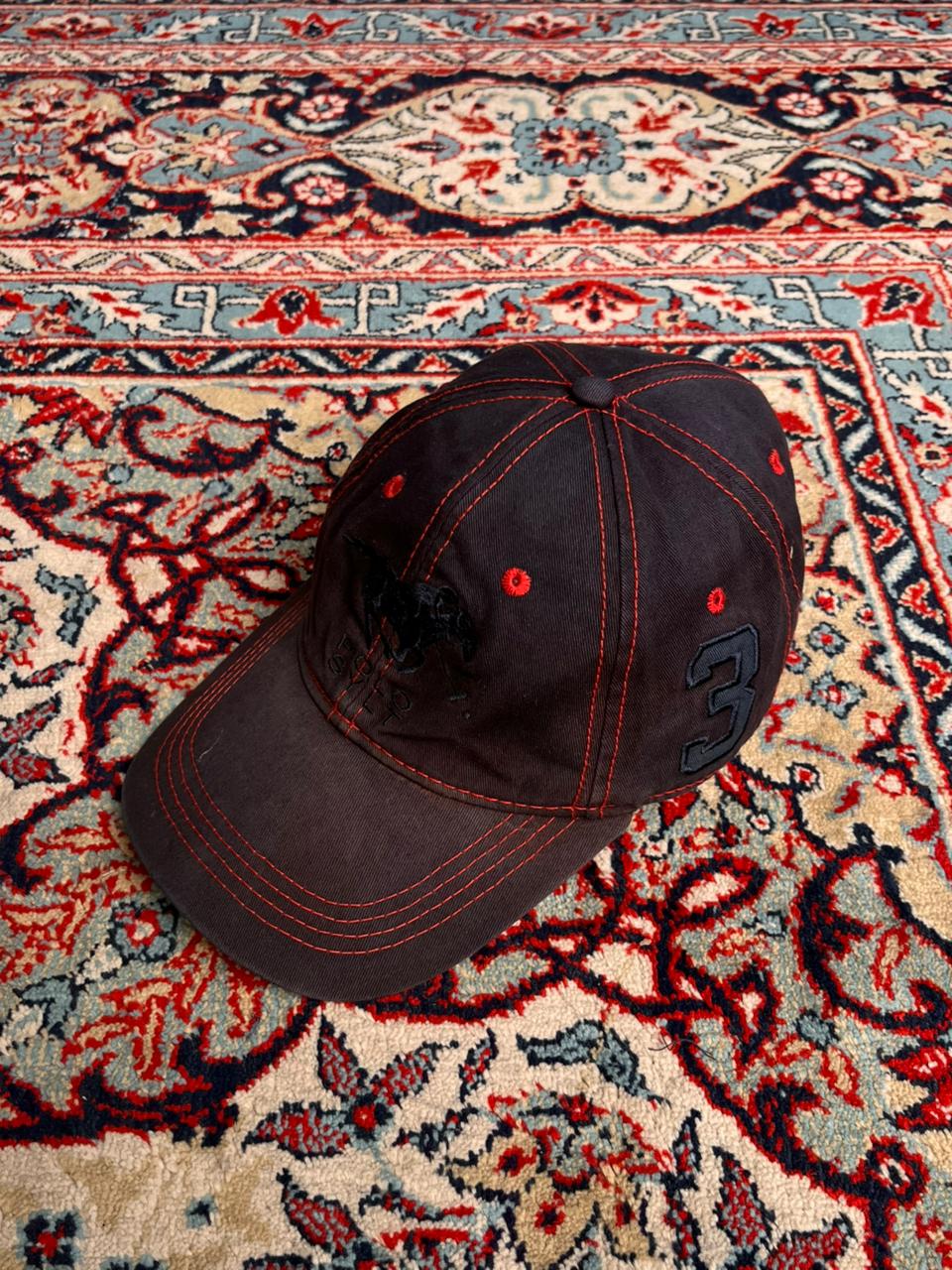 VINTAGE POLO SYLT BLACK RED CONTRAST STITCH EMBROIDERED LOGO CAP