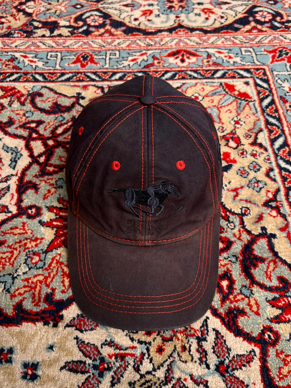 VINTAGE POLO SYLT BLACK RED CONTRAST STITCH EMBROIDERED LOGO CAP