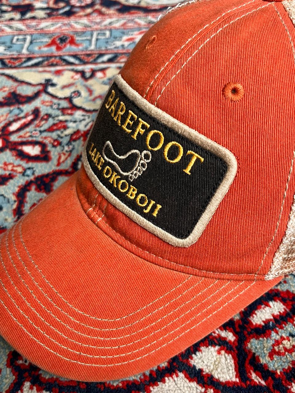 Vintage Legacy Barefoot Lake Okoboji Orange Mesh Trucker Hat Baseball Cap