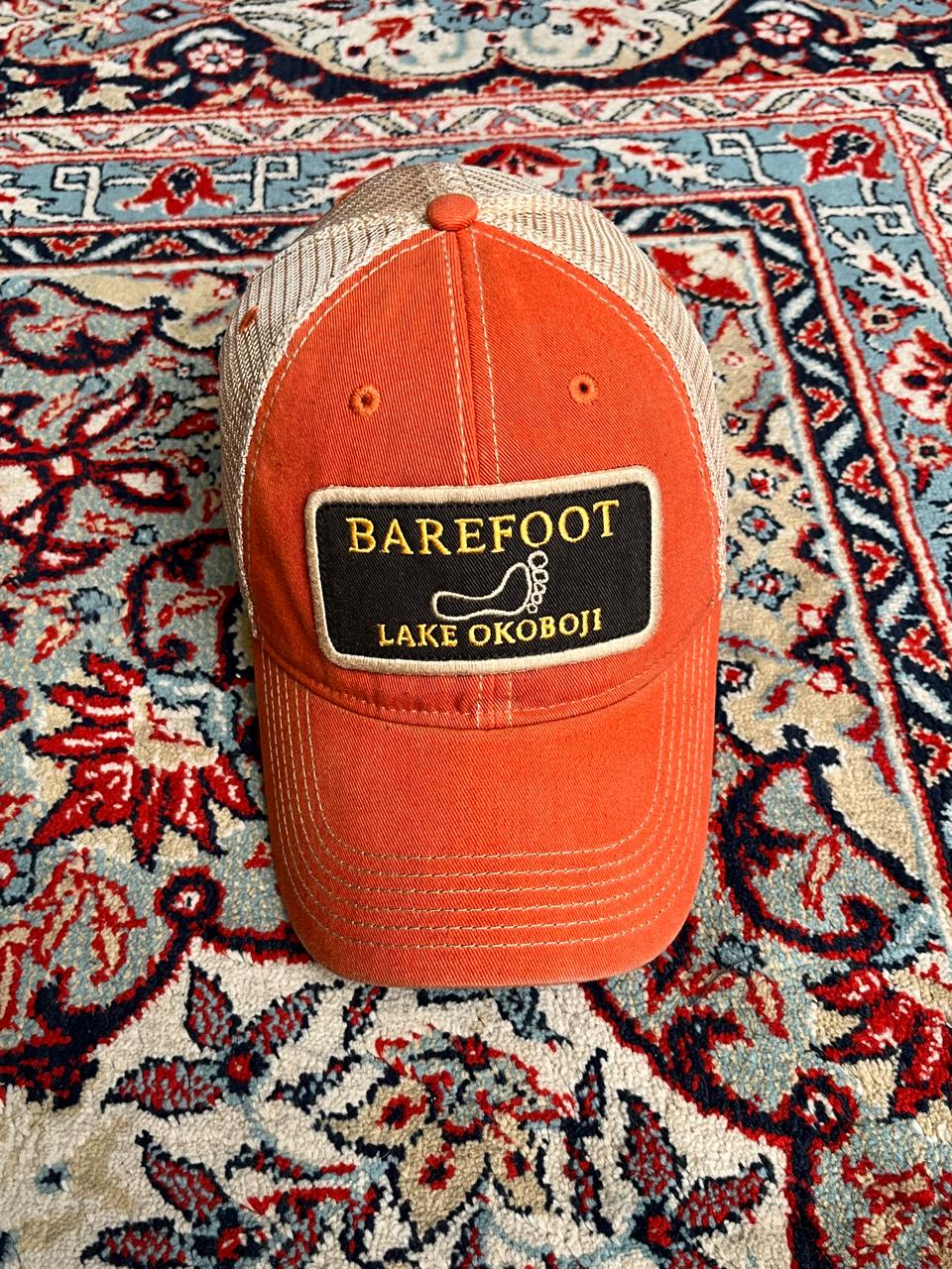 Vintage Legacy Barefoot Lake Okoboji Orange Mesh Trucker Hat Baseball Cap