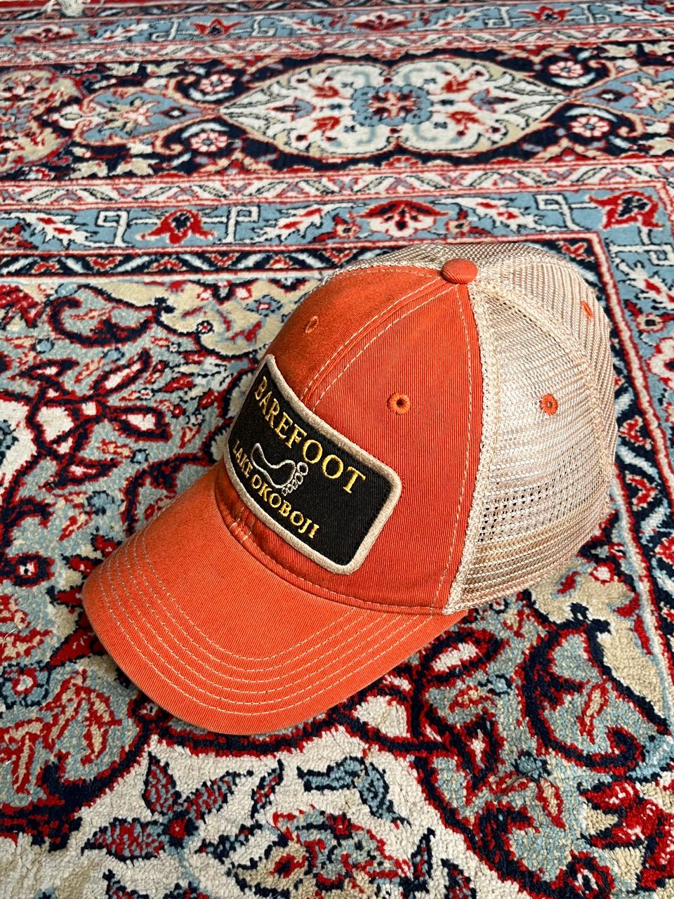 Vintage Legacy Barefoot Lake Okoboji Orange Mesh Trucker Hat Baseball Cap