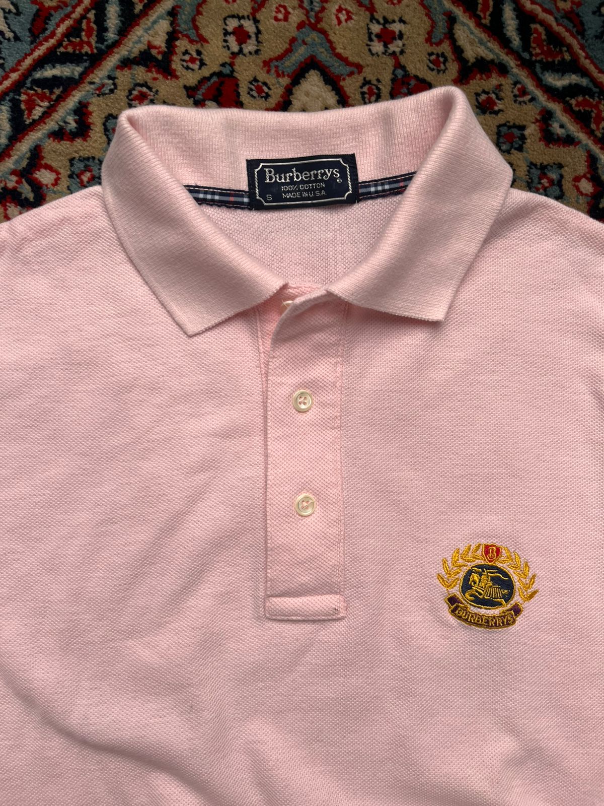 Vintage Burberrys Pink Embroidered Crest Logo Luxury Polo Tee - M
