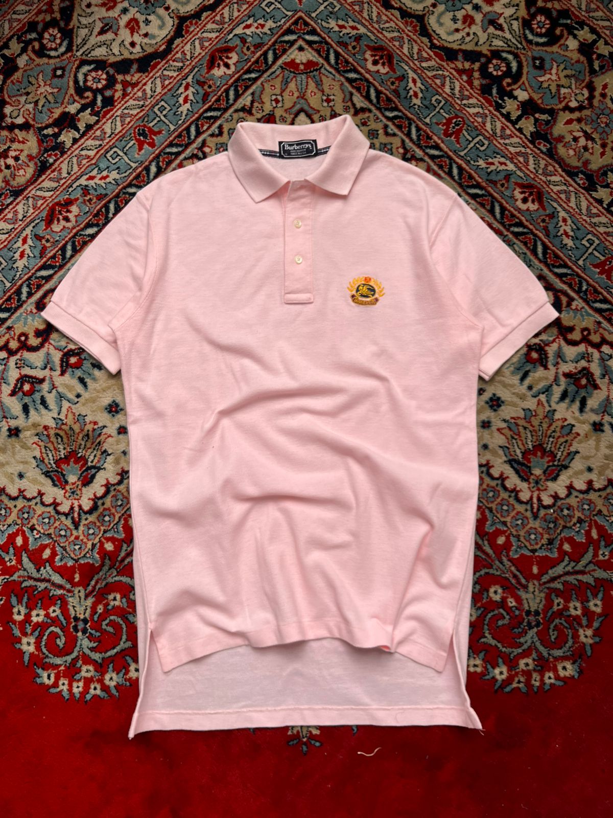 Vintage Burberrys Pink Embroidered Crest Logo Luxury Polo Tee - M