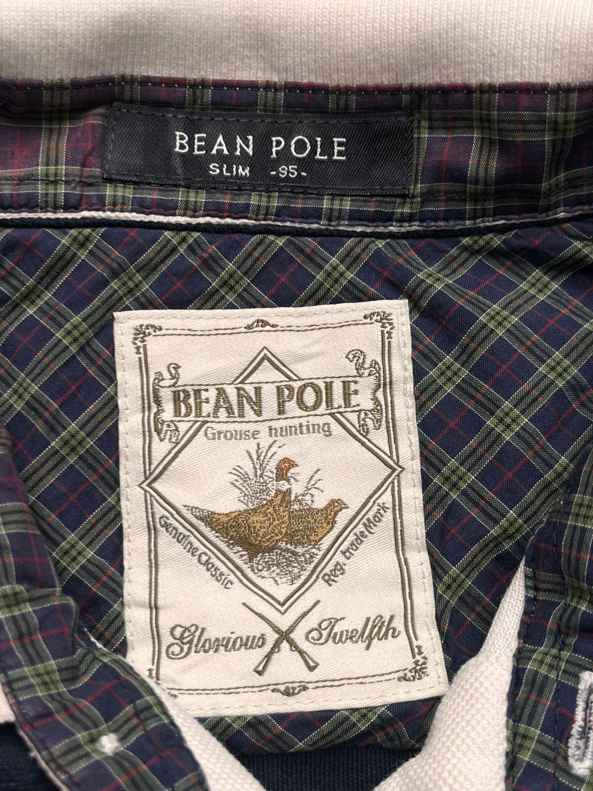Bean Pole Grouse Hunting Slim Fit Quarter Zip Plaid Collar Navy Polo Tee - M