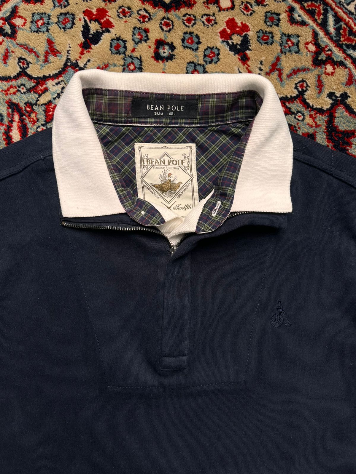 Bean Pole Grouse Hunting Slim Fit Quarter Zip Plaid Collar Navy Polo Tee - M