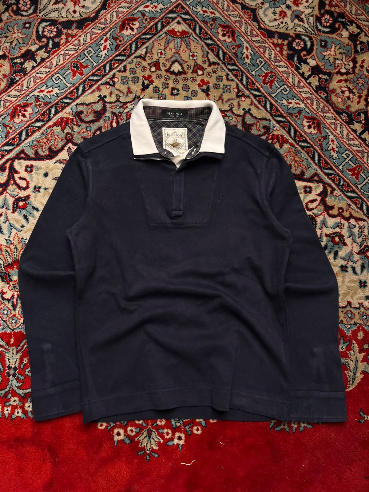 Bean Pole Grouse Hunting Slim Fit Quarter Zip Plaid Collar Navy Polo Tee - M