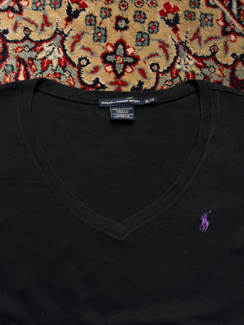 Ralph Lauren Sport Black V-Neck Purple Embroidered Logo Women Tee - XL