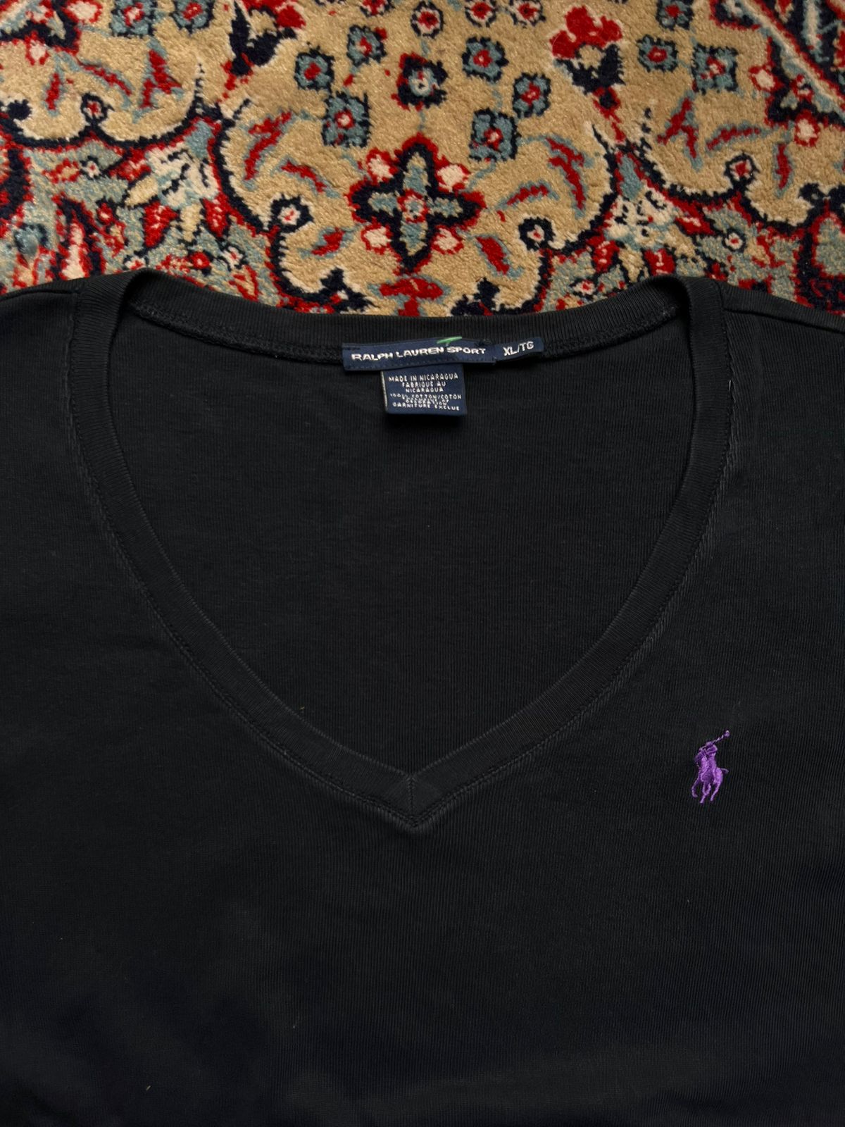 Ralph Lauren Sport Black V-Neck Purple Embroidered Logo Women Tee - XL