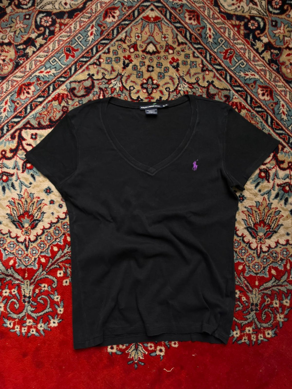 Ralph Lauren Sport Black V-Neck Purple Embroidered Logo Women Tee - XL