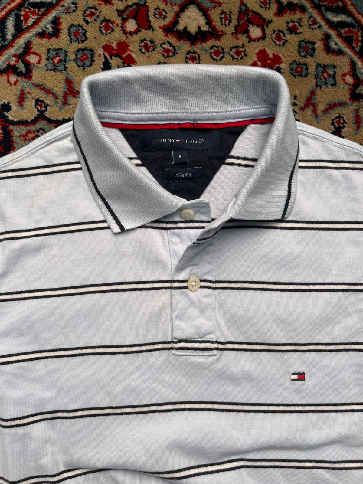 TOMMY HILFIGER SLIM FIT LIGHT BLUE STRIPED POLO TEE - S