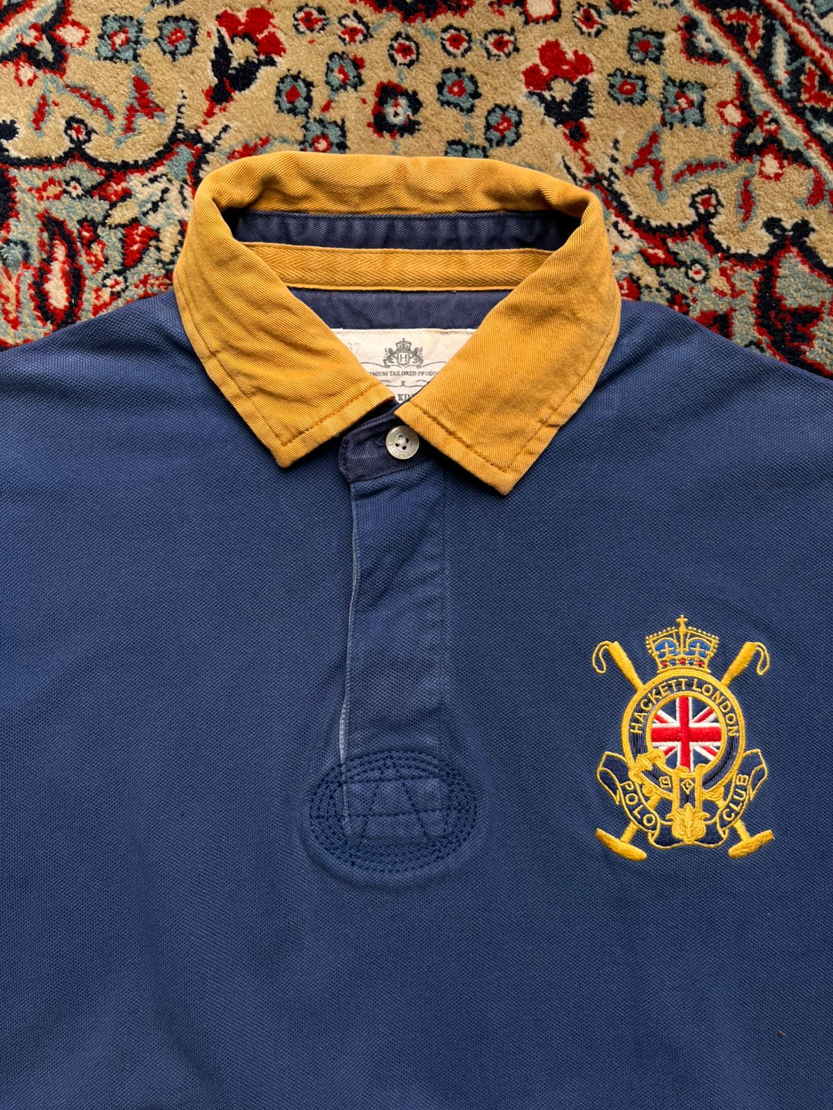 HACKETT LONDON POLO CLUB EMBROIDERED CREST NAVY BLUE COTTON POLO TEE - L