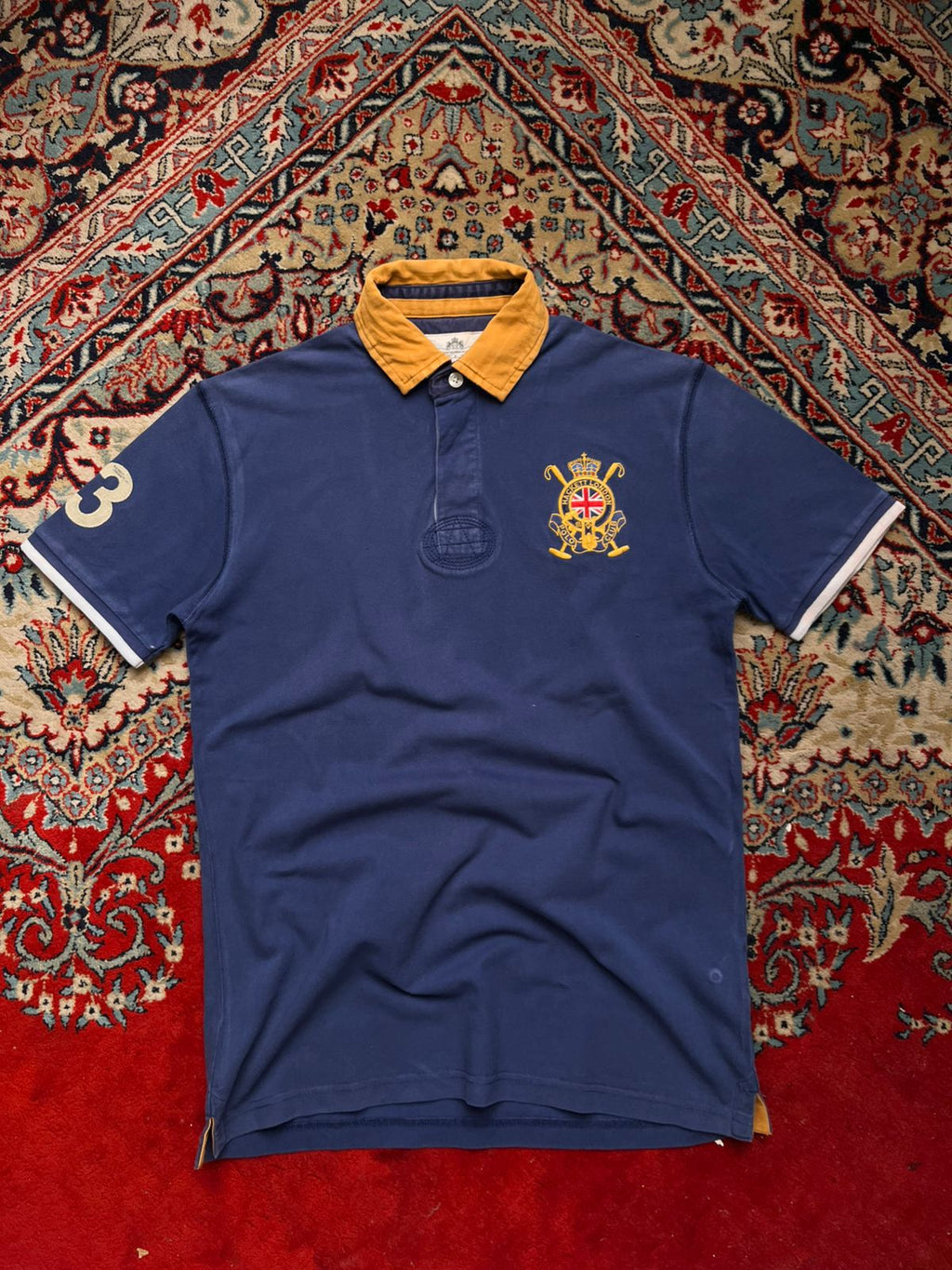 HACKETT LONDON POLO CLUB EMBROIDERED CREST NAVY BLUE COTTON POLO TEE - L