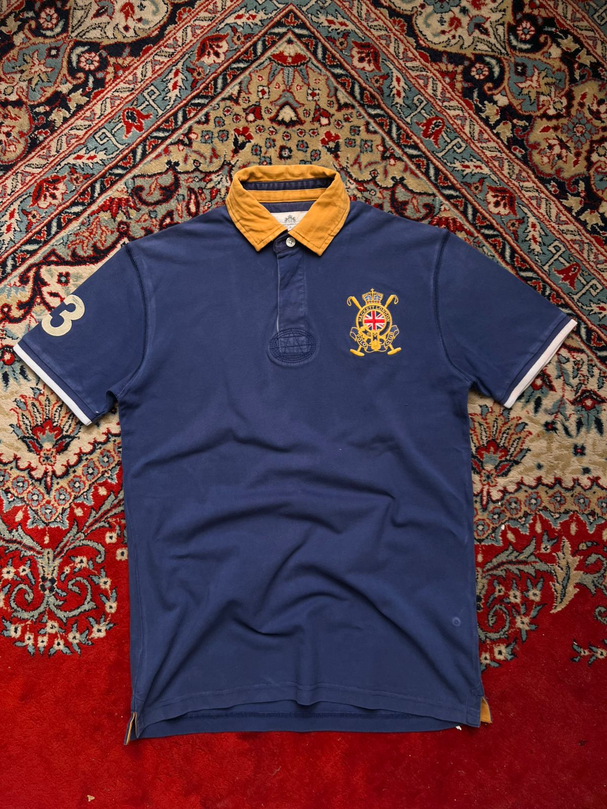 HACKETT LONDON POLO CLUB EMBROIDERED CREST NAVY BLUE COTTON POLO TEE - L
