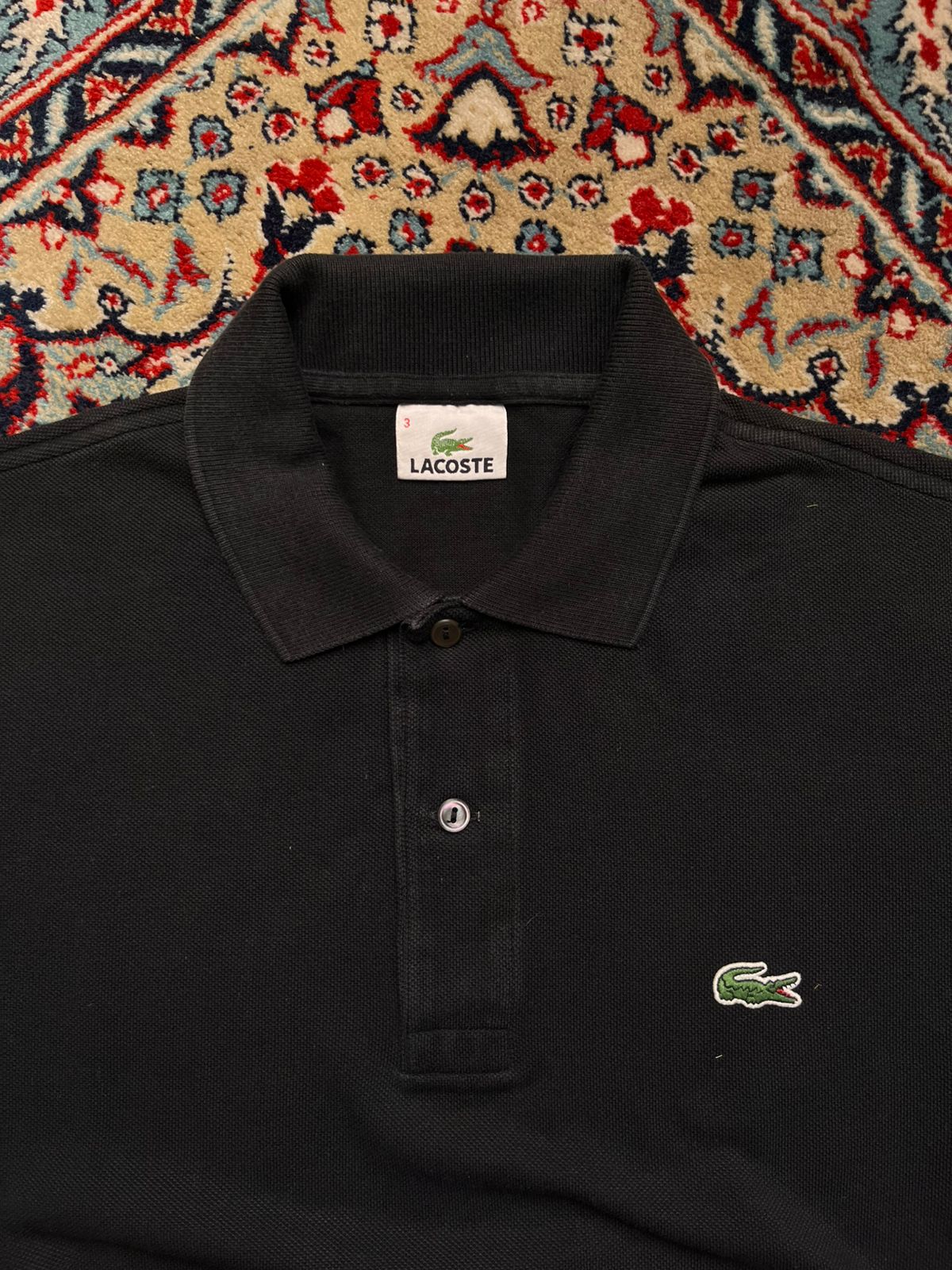 VINTAGE AND LACOSTE DEVANLAY CLASSIC BLACK COTTON POLO - L