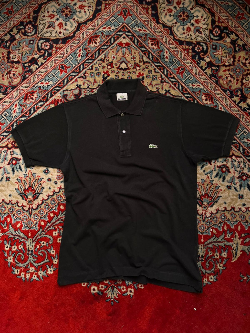 VINTAGE AND LACOSTE DEVANLAY CLASSIC BLACK COTTON POLO - L