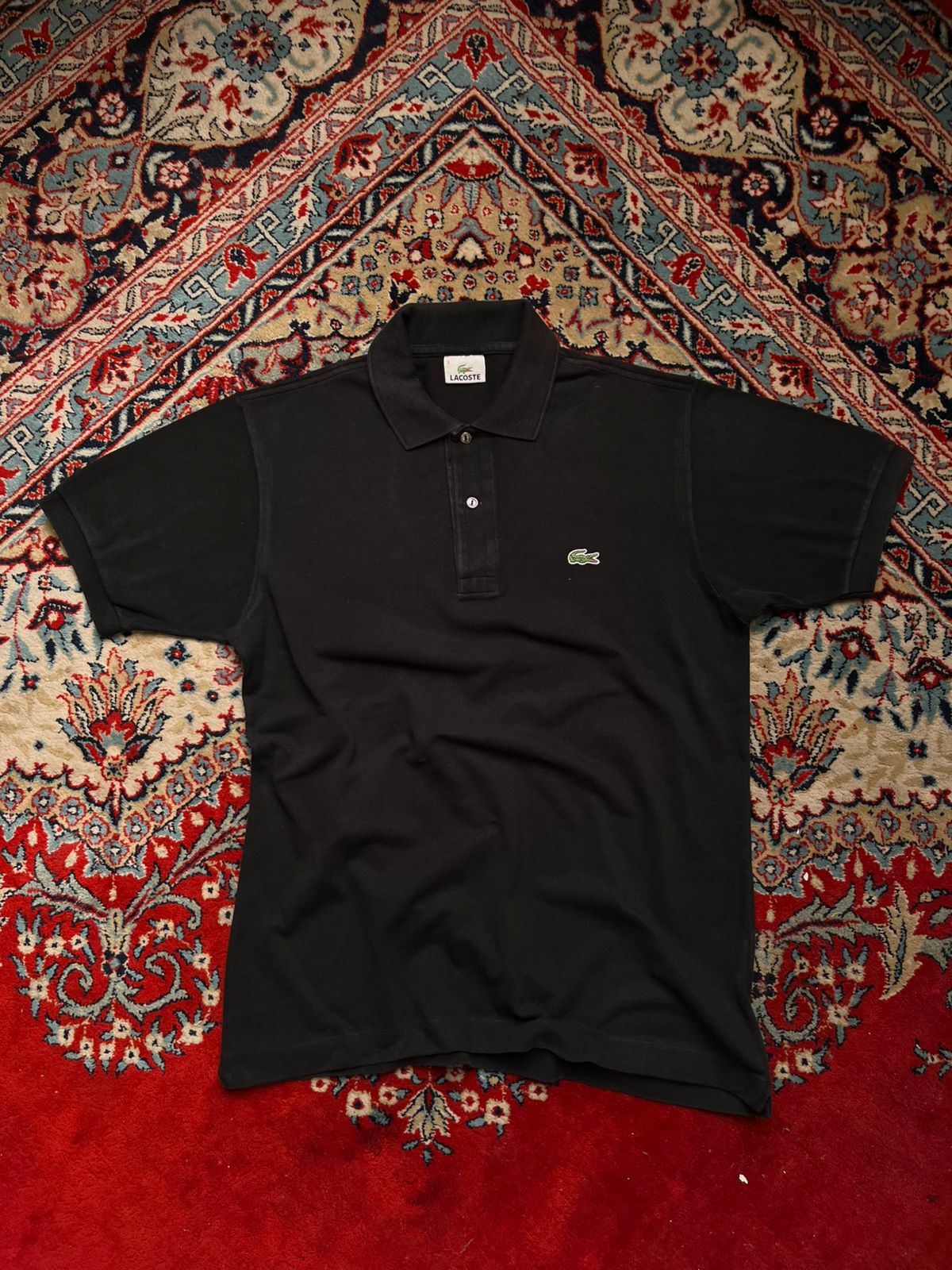 VINTAGE AND LACOSTE DEVANLAY CLASSIC BLACK COTTON POLO - L