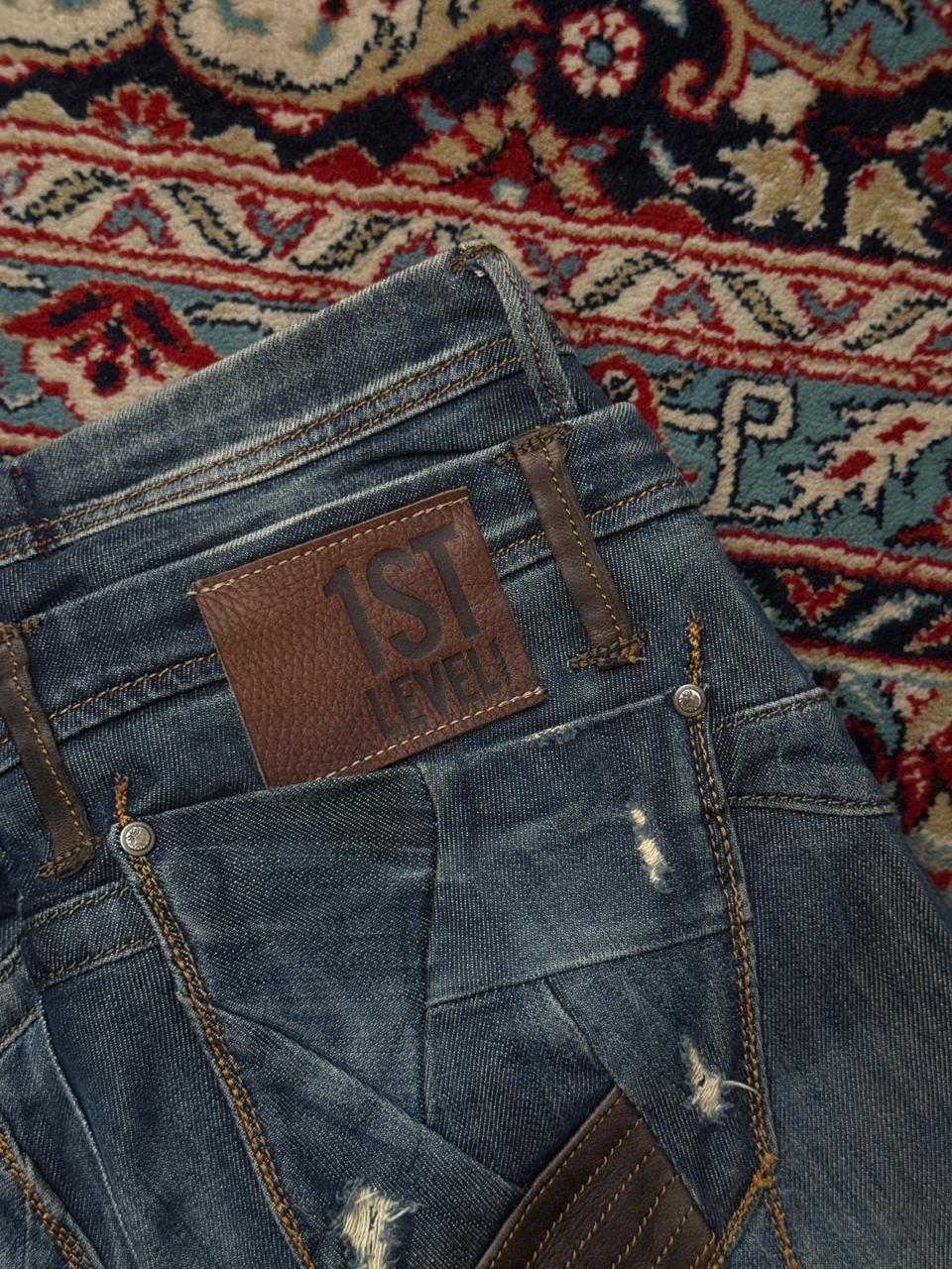 1st Level Salsa Blue Distressed Leather Trim Detail Straight FIT Jeans - 30