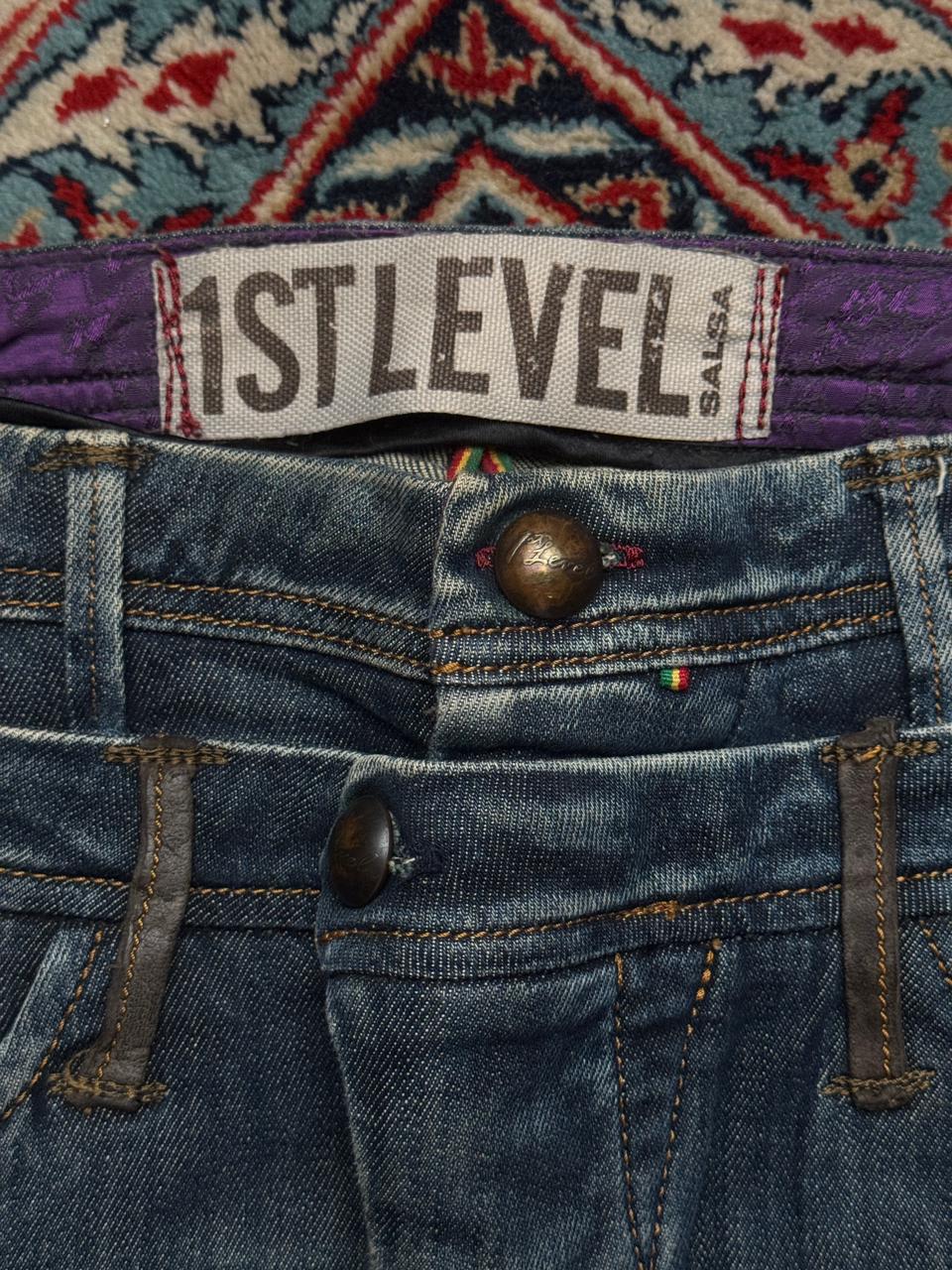 1st Level Salsa Blue Distressed Leather Trim Detail Straight FIT Jeans - 30