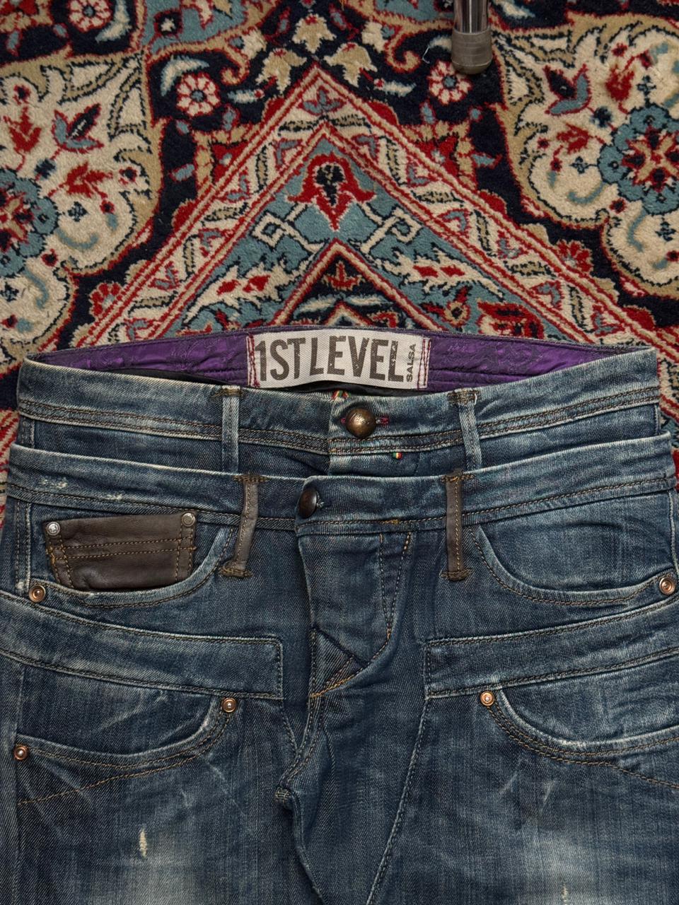 1st Level Salsa Blue Distressed Leather Trim Detail Straight FIT Jeans - 30