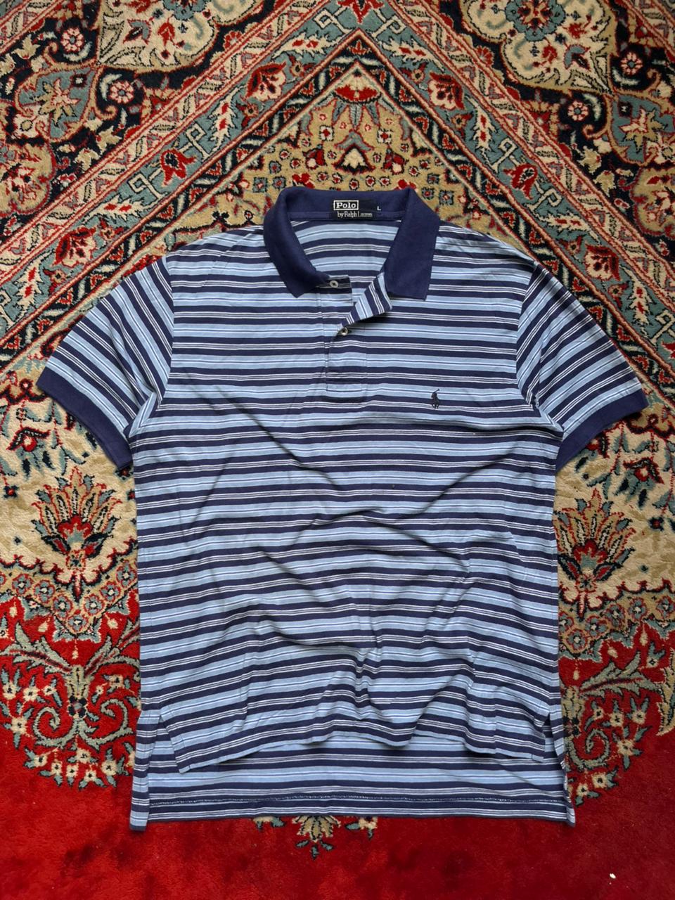 VINTAGE Polo Ralph Lauren Blue Striped Polo Tee - L