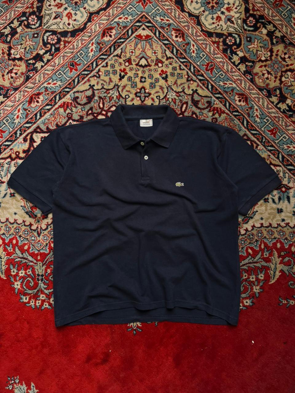 LACOSTE NAVY BLUE COTTON EMBROIDERED CROCODILE LOGO BOXY FIT POLO TEE - L
