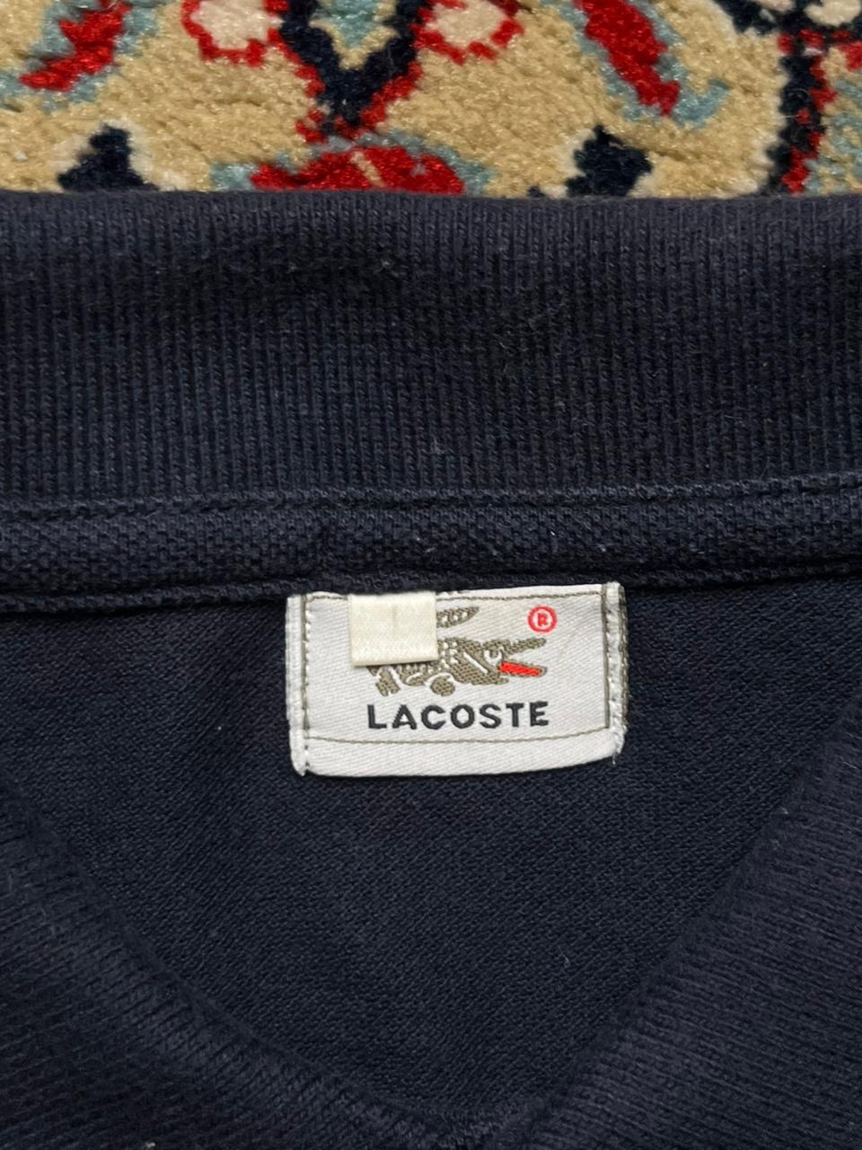 LACOSTE NAVY BLUE COTTON EMBROIDERED CROCODILE LOGO BOXY FIT POLO TEE - L
