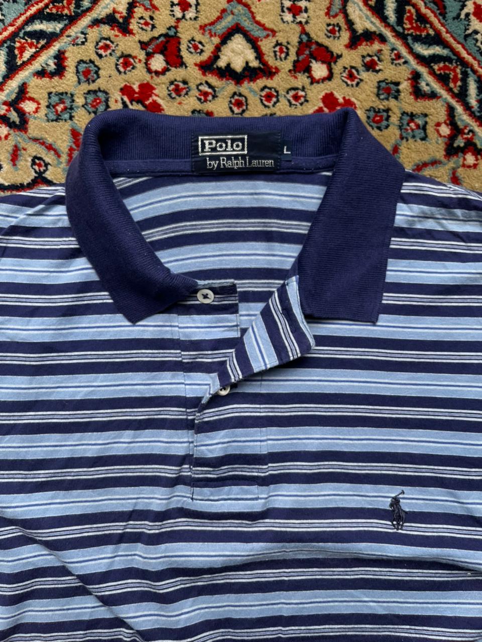 VINTAGE Polo Ralph Lauren Blue Striped Polo Tee - L