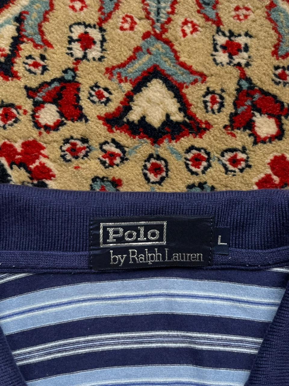 VINTAGE Polo Ralph Lauren Blue Striped Polo Tee - L