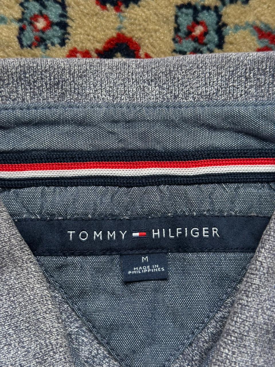 TOMMY HILFIGER Grey Heather Tipped Collar POLO TEE - L