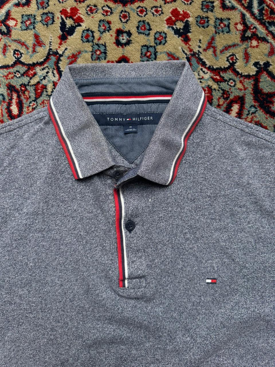 TOMMY HILFIGER Grey Heather Tipped Collar POLO TEE - L