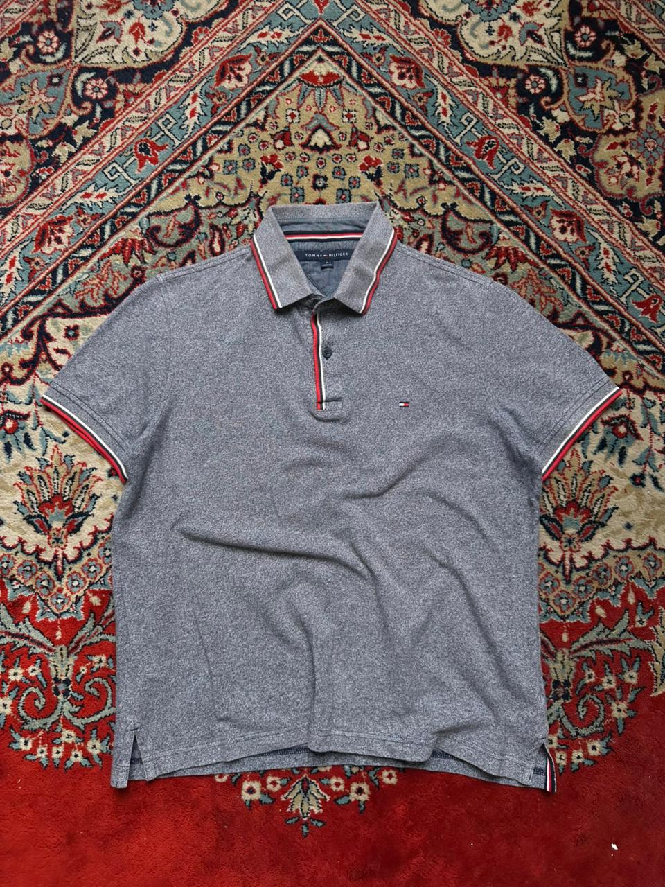 TOMMY HILFIGER Grey Heather Tipped Collar POLO TEE - L