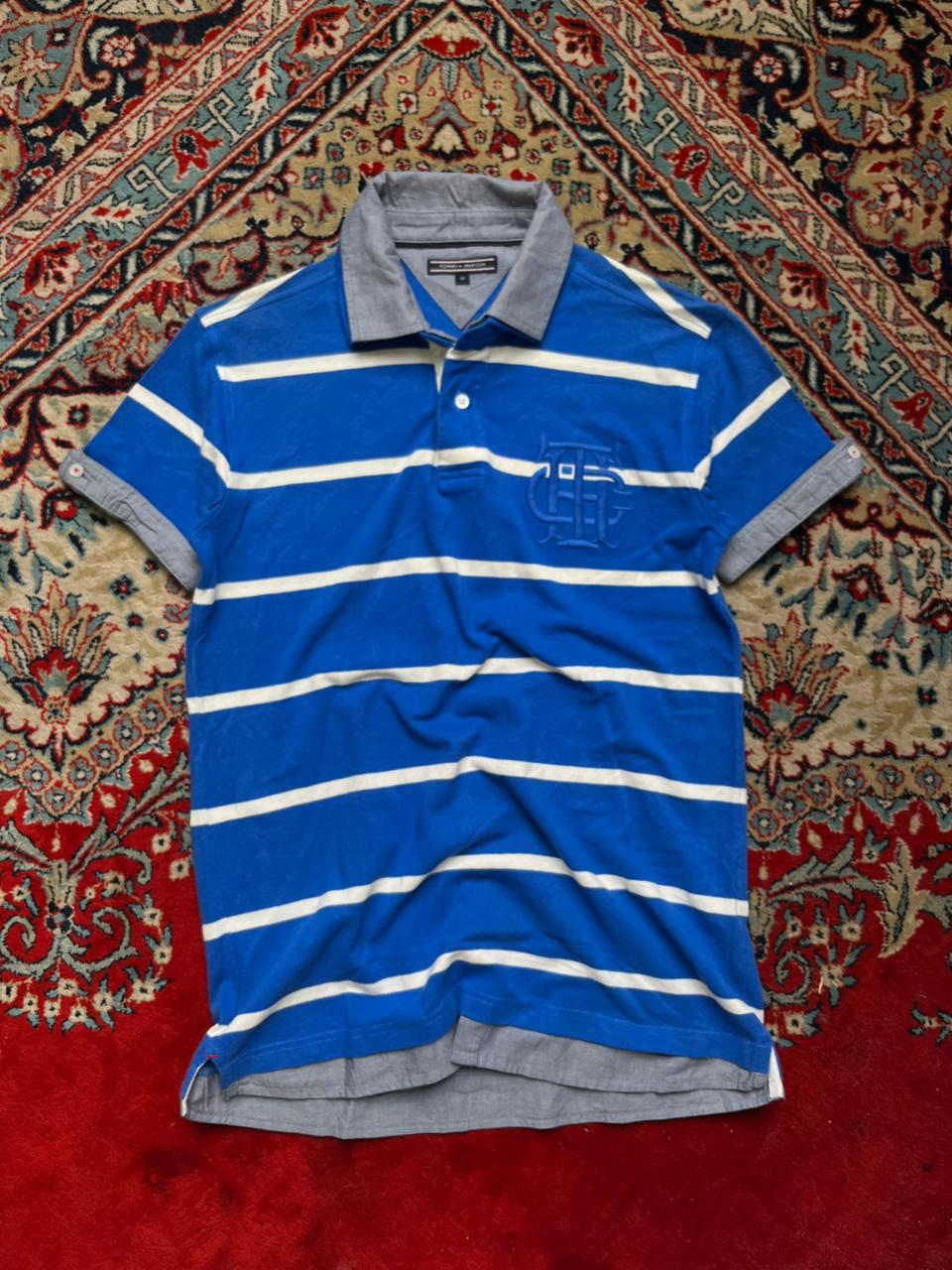 Tommy Hilfiger Blue Striped Rugby Style Polo Tee - M