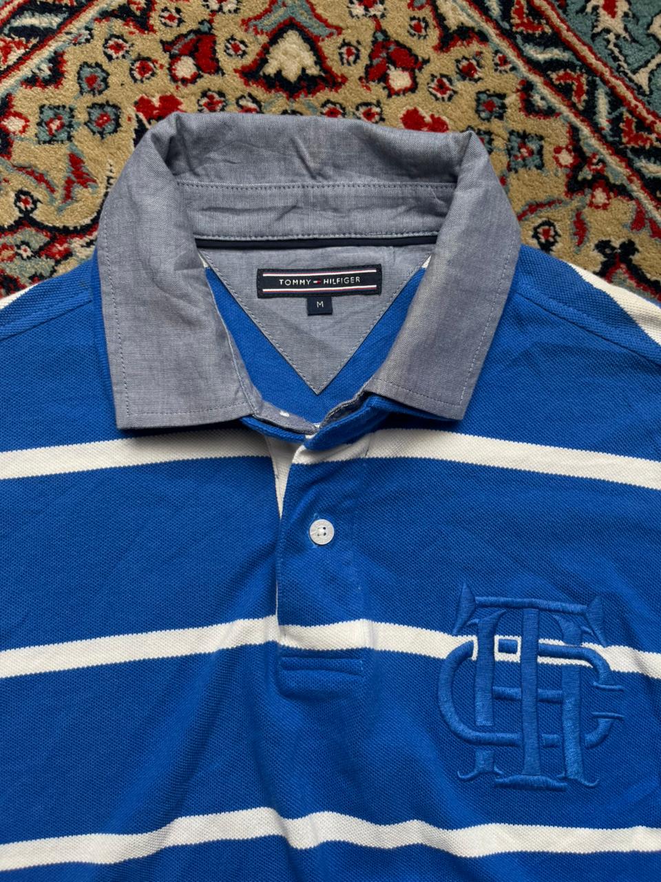 Tommy Hilfiger Blue Striped Rugby Style Polo Tee - M
